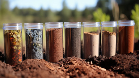 Soil samples in the field in glass containers. Generated by AIの素材