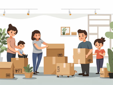 Illustration of a happy family moving in, standing by boxes, printing things out. Generated by AIの素材