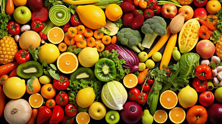 Background is a lot of vegetables and fruits. Generated by AIの素材