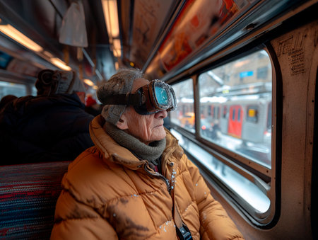 Elderly man virtual reality goggles, subway, future. Generated by AIの素材