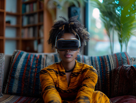 Dark-skinned girl on the couch wearing virtual reality goggles. Generative AIの素材