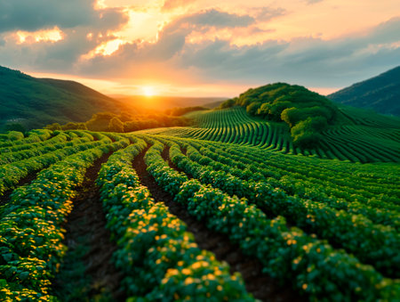 A field at sunset. Agriculture. Generative AIの素材