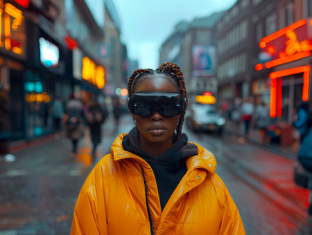 Dark-skinned girl wearing virtual reality goggles on a winter street in the city. Generative AIの素材