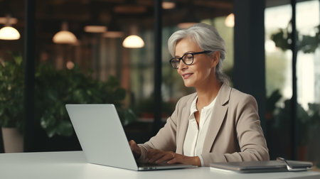 Modern looking business woman at a laptop working in a cafeの素材