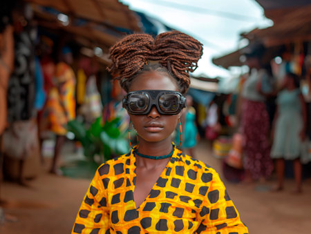 Dark-skinned girl wearing virtual reality goggles on a winter street in the city. Generative AIの素材
