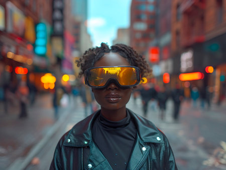Dark-skinned girl wearing virtual reality goggles on a winter street in the city. Generative AIの素材