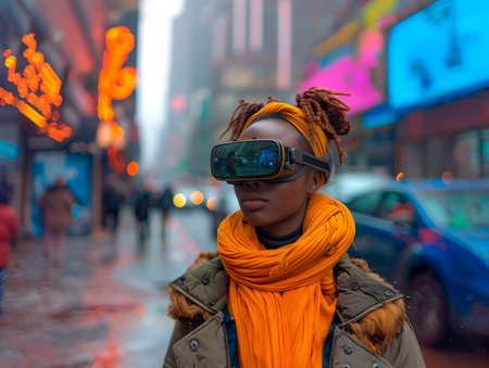 Dark-skinned girl wearing virtual reality goggles on a winter street in the city. Generative AIの素材
