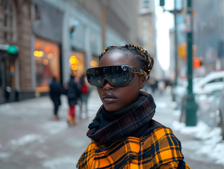 Dark-skinned girl wearing virtual reality goggles on a winter street in the city. Generative AIの素材