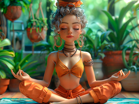 Illustration of a girl doing yoga at home surrounded by greenery. Generative AIの素材