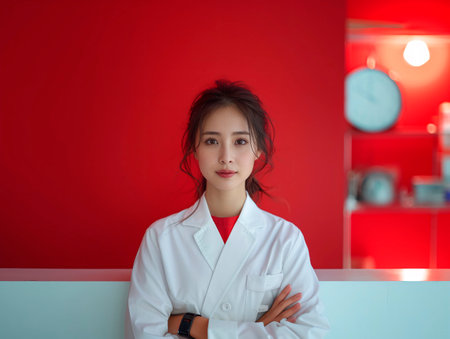 Asian girl in a medical white uniform against a red wall. Generative AIの素材