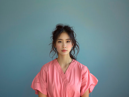 A girl in a medical pink uniform against a blue wall. Generative AIの素材