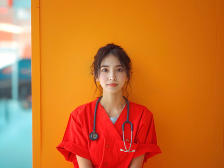 Asian girl in a medical red uniform against an orange wall. Generative AIの素材