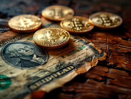 Bitcoin gold coins on US dollars. Generative AIの素材