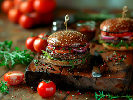 a washed-up, juicy burger on a wooden tray. Generative AIの素材