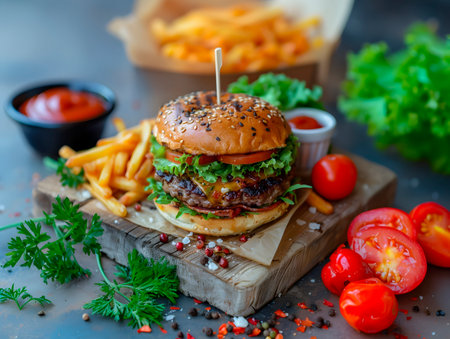 a washed-up, juicy burger on a wooden tray. Generative AIの素材