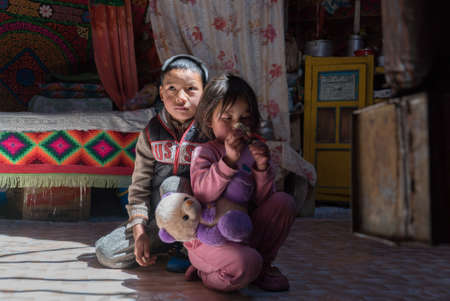 Ulgiy Mongolia, May 1-2019 Mongolian children in a yurtのeditorial素材