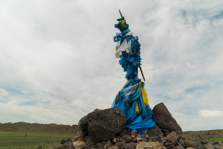 mongolian obo buddhist monument close upの写真素材