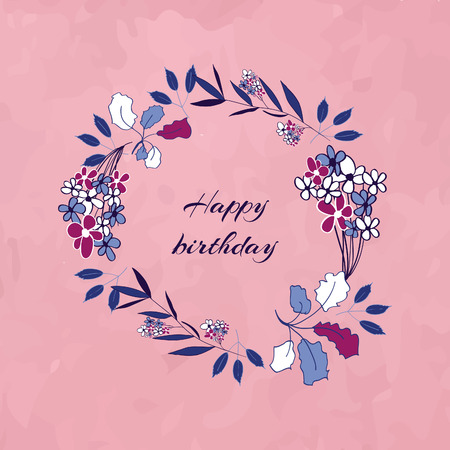 Greeting card, wreath design. Hand drawn flowers and branch elements.のイラスト素材