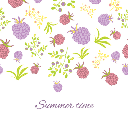Greeting card with berries.  Raspberry, blackberry, blueberry, bush and branch elements. Light colors design. Summer timeのイラスト素材