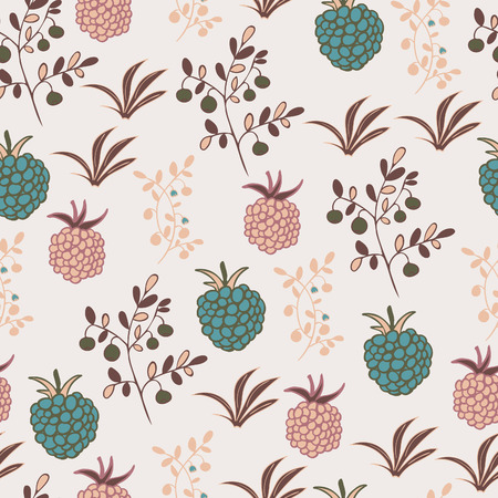 Seamless pattern with berries. Raspberry, blackberry, blueberry, bush and branch elements.  Usable...