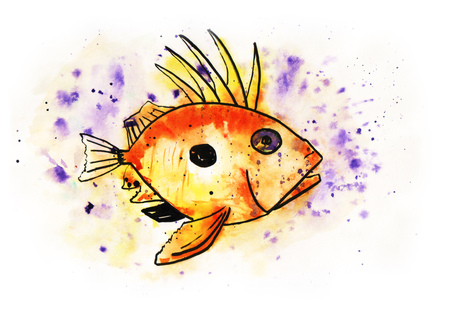 Illustration of sunfish character. Watercolor sea fish sketch with blotsの写真素材