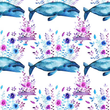 Watercolor floral whales seamless pattern.  Flower, branch, leaf, bouquet with ribbon and Bowhead whale elements.の写真素材