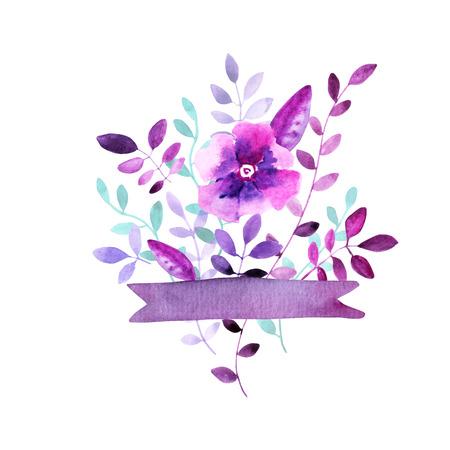 Violet watercolor floral bouquet with flowers, leaves, branches, ribbons.の写真素材
