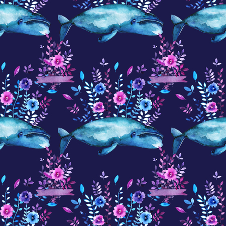Watercolor floral whales seamless pattern.  Flower, branch, leaf, bouquet with ribbon and Bowhead whale elements. Dark blue background.の写真素材