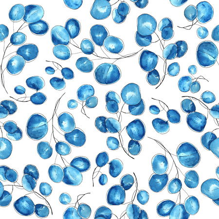 Watercolor seamless pattern with blue floral branches. Watercolor mixed techniqueの写真素材