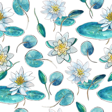 Seamless pattern with water lily flowers and leaves, watercolor paintingの写真素材