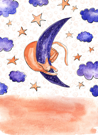 Watercolor card with dreaming cat on the Moon. Place for your text.の写真素材