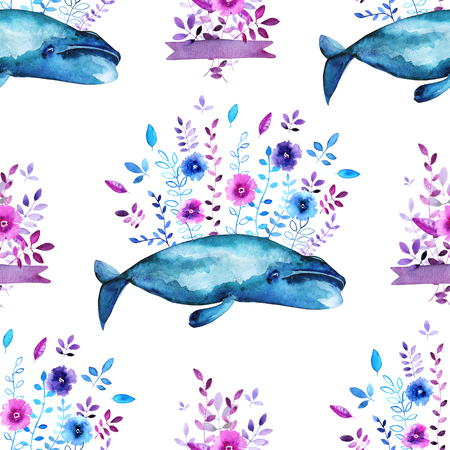 Watercolor floral whales seamless pattern.  Flower, branch, leaf, bouquet with ribbon and Bowhead whale elements.の写真素材