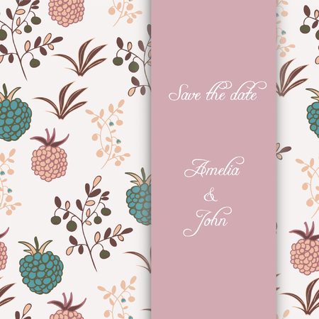 Wedding card with berries.  Raspberry, blackberry, blueberry, bush and branch elements. Light colors design. Summer motif. Enjoy the dayのイラスト素材