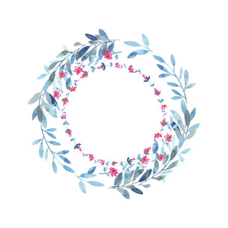 Wreath with floral branches and small meadow flowers. Blue, paleblue, rose colors.  Wedding decoration. Modern watercolorの写真素材