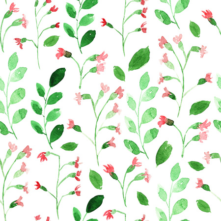 Seamless pattern with delicate garden flowers and branches. Violet, green colors. Loose watercolor style.の写真素材