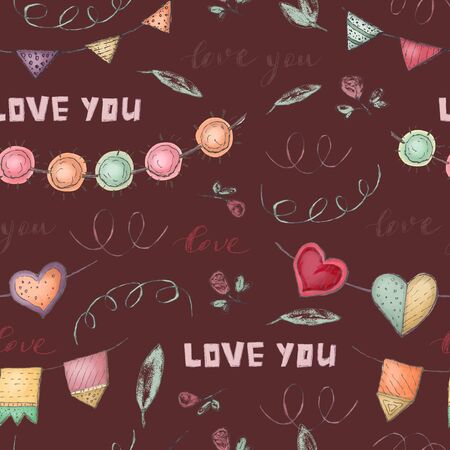 Seamless pattern with hearts, garlands, floral elements. Hand drawn, digital painting style. Dark background.の写真素材
