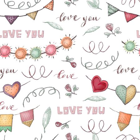 Seamless pattern with hearts, garlands, floral elements. Hand drawn, digital painting style. White background.の写真素材
