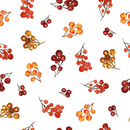 Watercolor seamless pattern with berries. Bright red, orange, yellow berry branches. Watercolor techniqueの写真素材