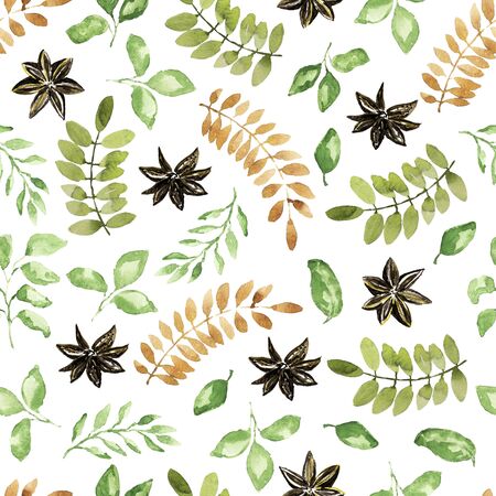 Christmas seamless pattern. Green leaves, branch, vanilla elements. Watercolor techniqueの写真素材