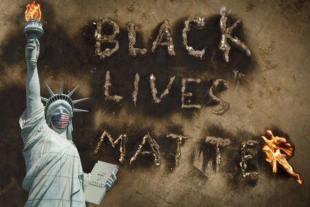 Black Lives Matter protest USA concept, statue of liberty with medical mask human rights protest...