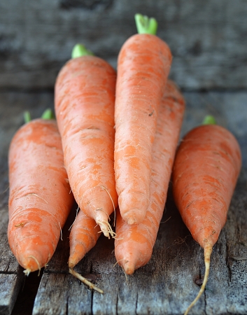 Fresh kitchen garden carrots on the wooden backgrowndの写真素材