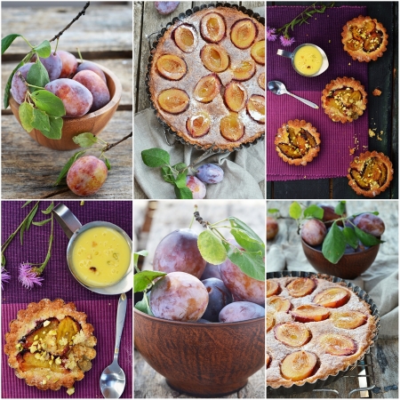 collage with different kinds of homemade plums bakingの写真素材