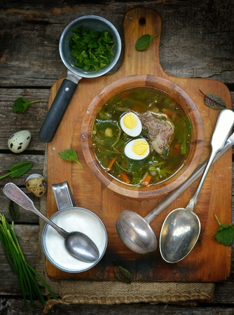 	russian traditional nettle soup with eggs and sour creamの写真素材