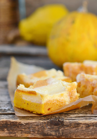 pumpkin pie about cream cheese on an autumn の写真素材