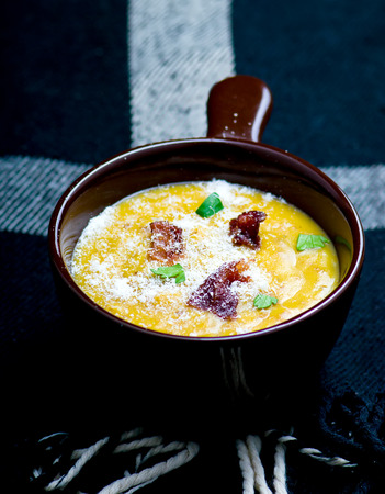 baked potatoes bacon soup. selective focus. the image is tintedの写真素材