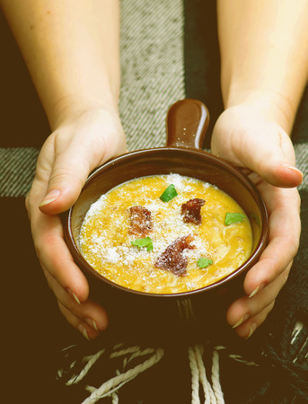 baked potatoes bacon soup. selective focus. the image is tintedの写真素材