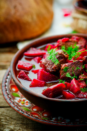 braised beef with beet. dish of traditional Ukrainian cuisine. style rustic.の写真素材
