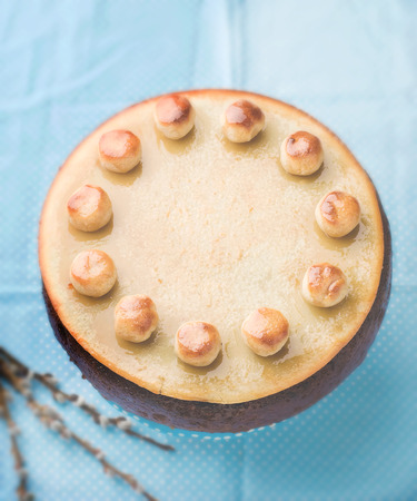 Simnel cake .Traditional English easter cake with marzipan. selective focus