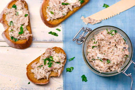 A mackerel paste on toasts from fried bread.の写真素材