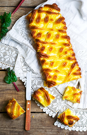 rhubarb pie on the wooden table .rustic styleの写真素材
